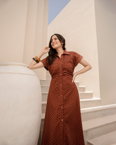 Earthy Brown Cotton Schiffli Dress