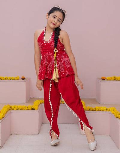 Mrunal Red Bandhani Satin Coord Set