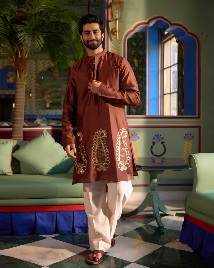 Shridhar Brown Chanderi Embroidered Kurta