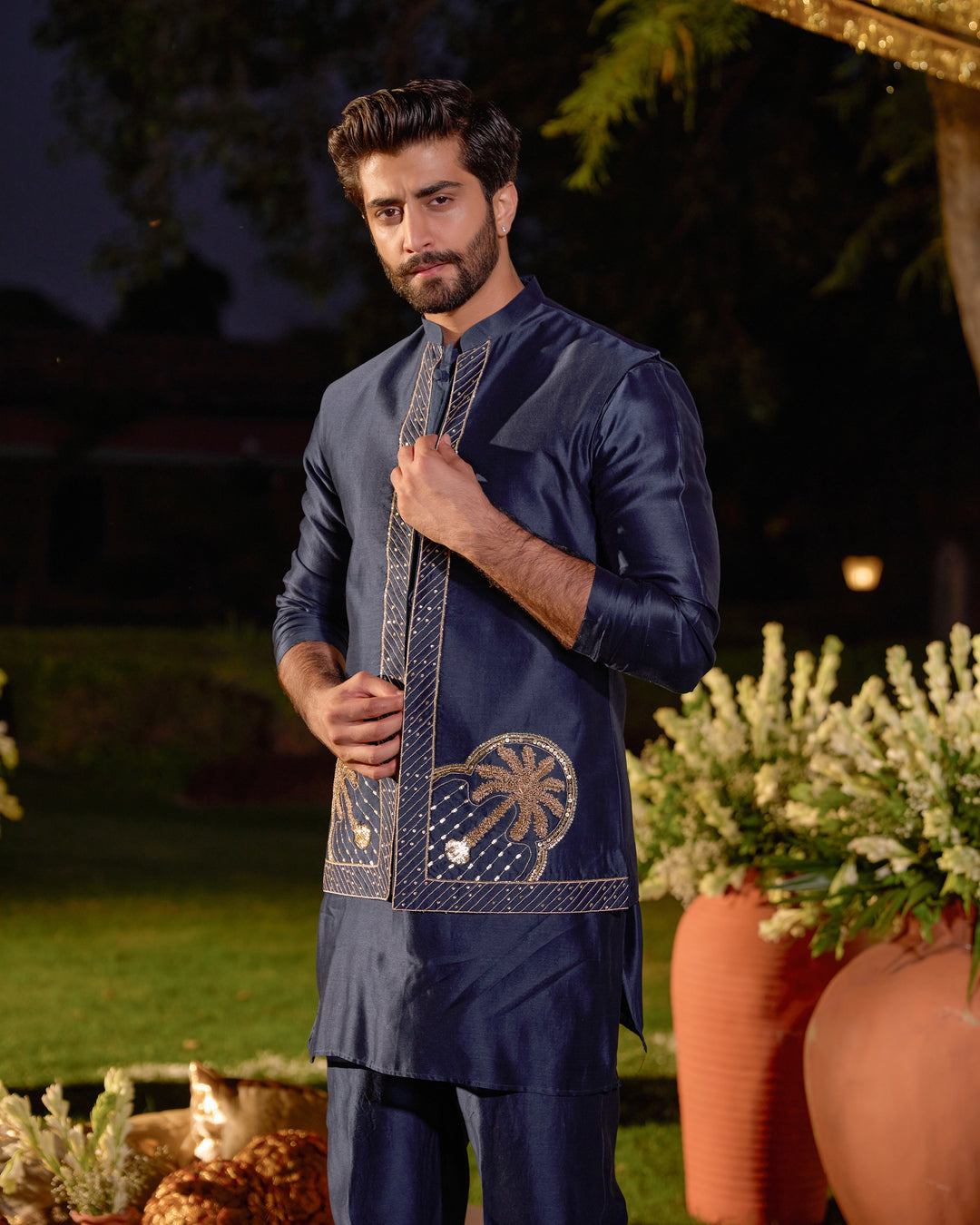 Vishnu Navy Chanderi Embroidered Jacket And Kurta Set