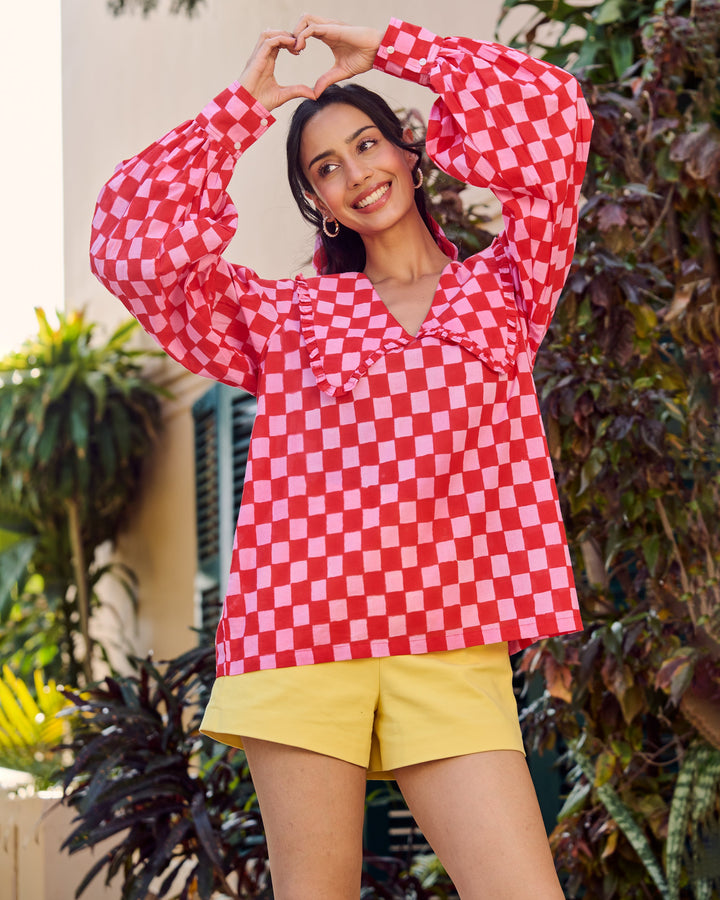 Viola Red and Pink Cotton Checks Printed Top