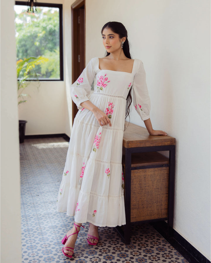 Whimsy White Handpainted Cotton Dress
