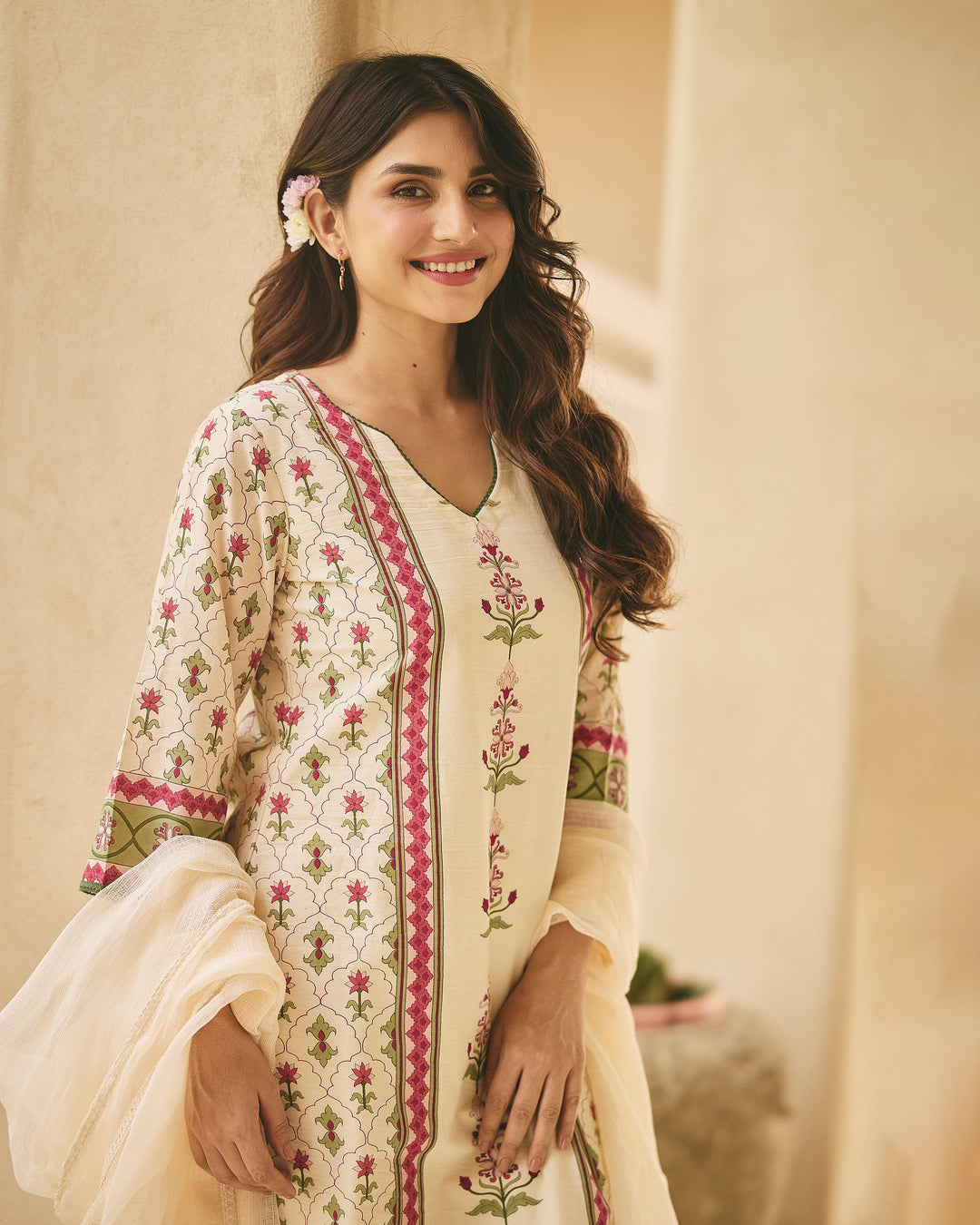 Kaisan Beige Cotton Printed Suit Set