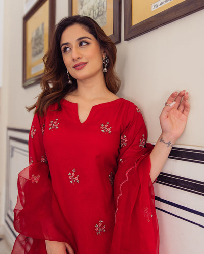 Radhika Red Embroidered Chanderi Suit Set
