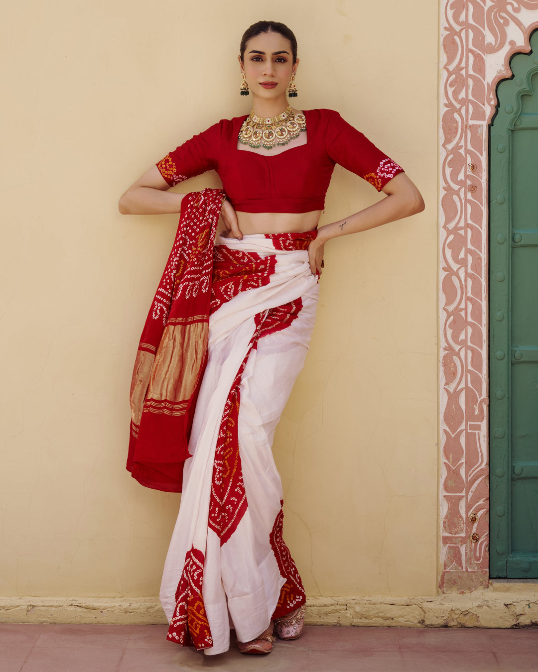 Champa White Kajol Bandhej Silk Saree