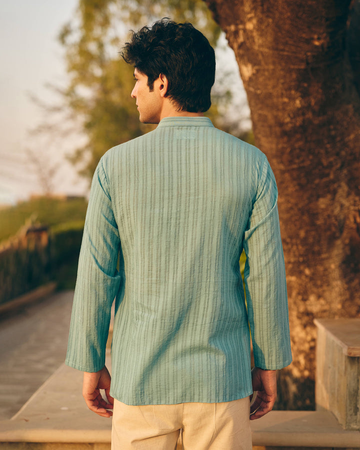 Beno Blue Cotton Dobby Embroidered Shirt