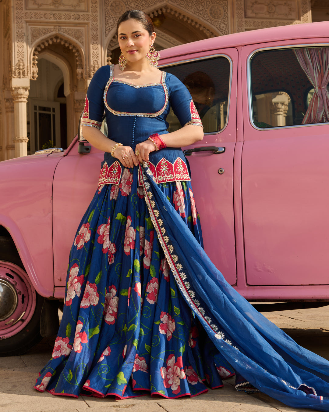 Taj Blue Printed Chanderi Lehenga Set