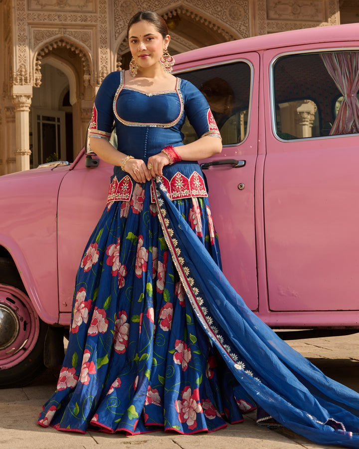 Taj Blue Printed Chanderi Lehenga Set