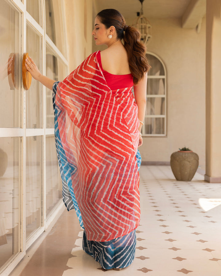 Kiran Red Blue Doria Leheriya Saree