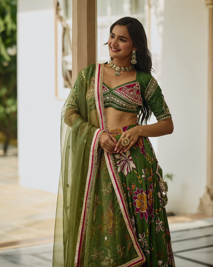 Zara Green Printed Satin Lehenga Set