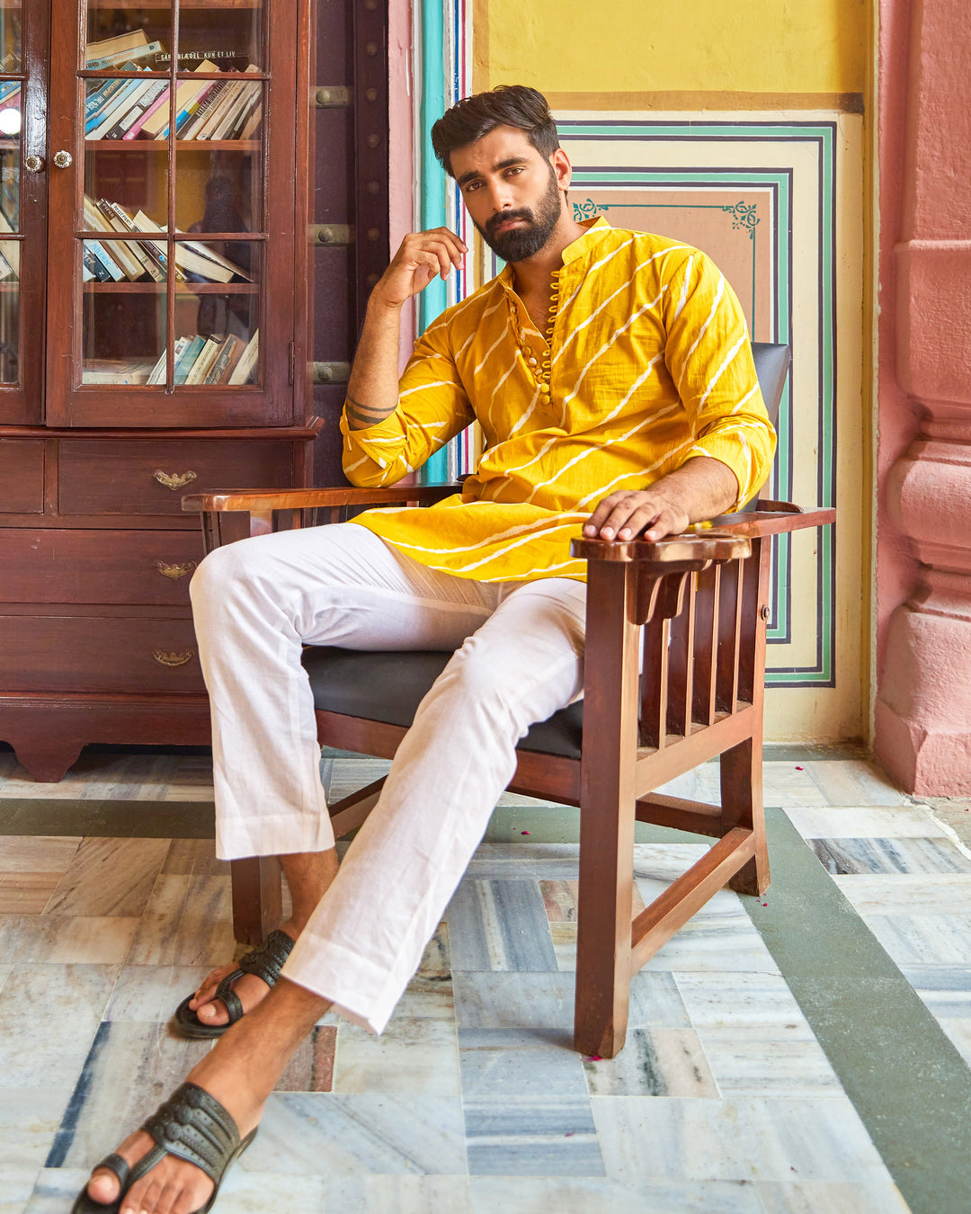Rishabh Yellow Leheriya Cotton Kurta