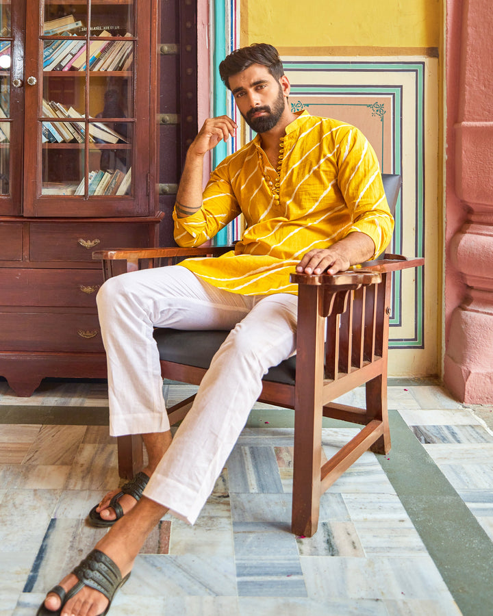 Rishabh Yellow Leheriya Cotton Kurta
