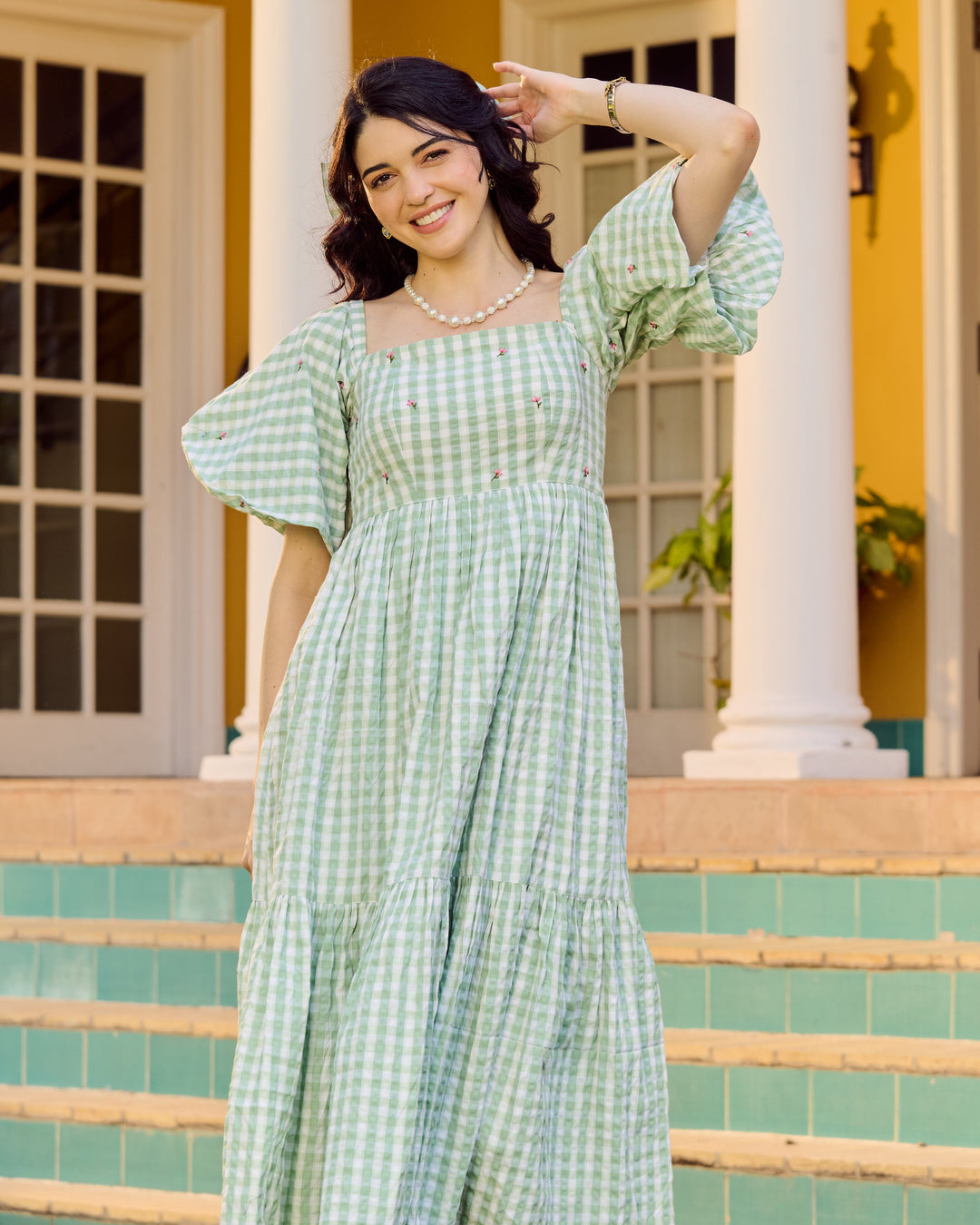 Eilish Green Embroidered Cotton Checks Dress