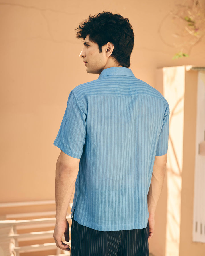 Leko Blue Cotton Dobby Embroidered Shirt