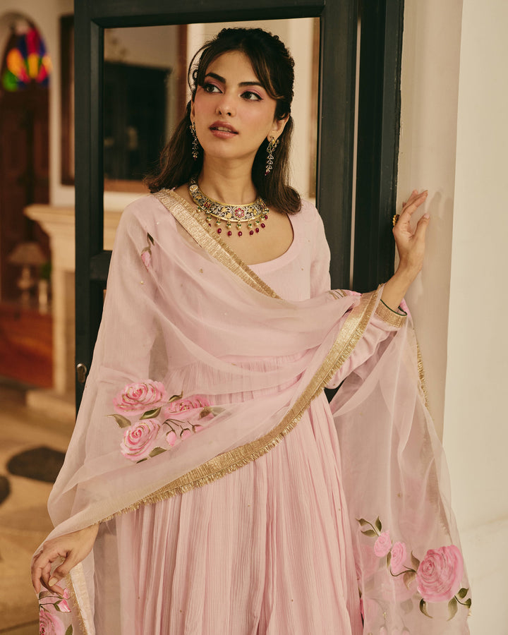 Varnya Pink Handpainted Crushed Cotton Suit Set