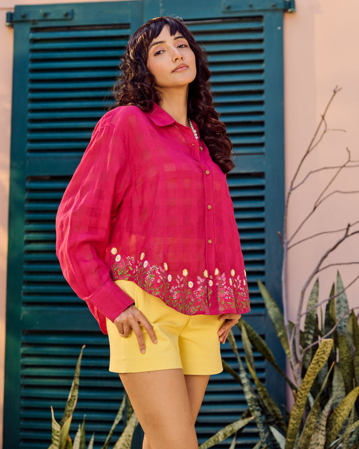 Ahana Pink Embroidered Cotton Checks Solid Shirt