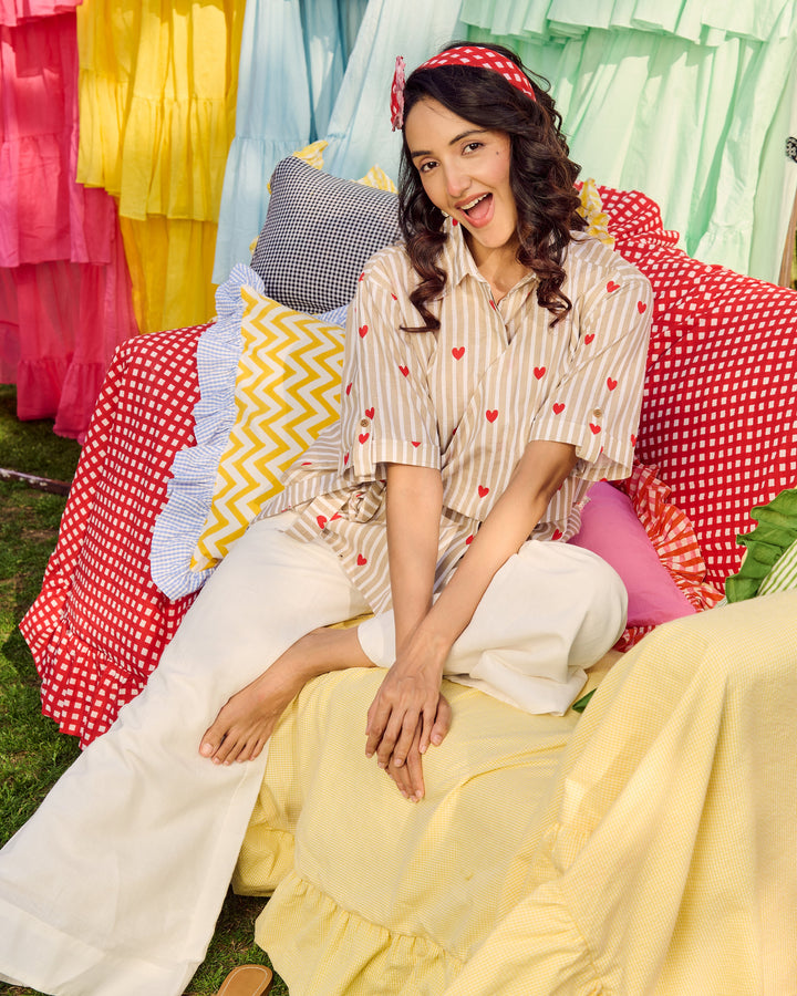 Shannon Beige Cotton Stripes &amp; Heart Printed Shirt