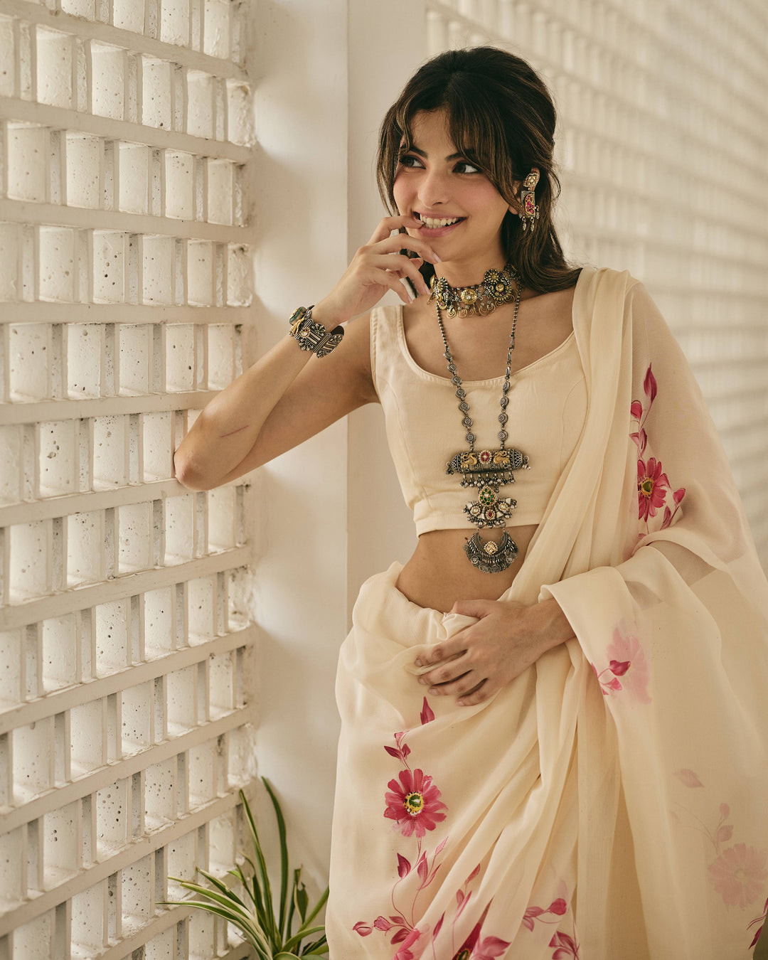 Iraaya Peach Handpainted Chiffon Saree