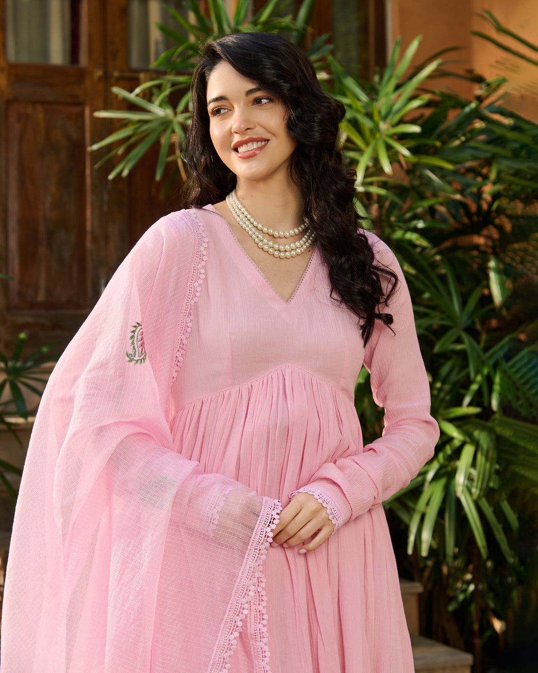 Pero Light Pink Embroidered Cotton Crush Suit Set