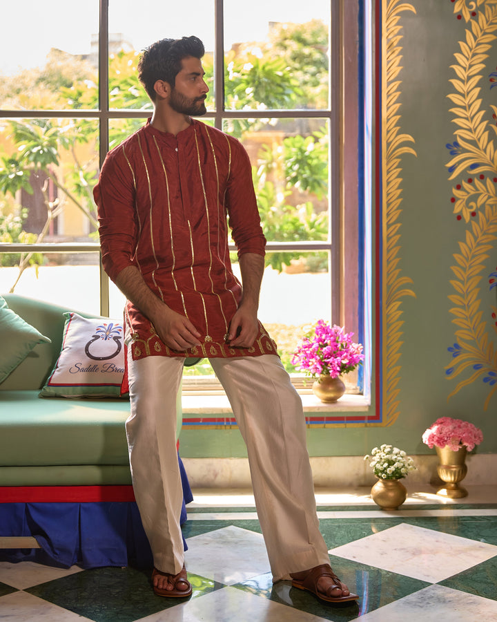 Kaushik Rust Orange Silk Embroidered Kurta