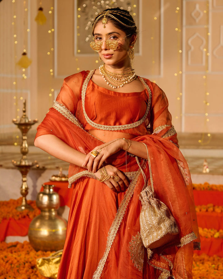 Deepa Orange Solid Chanderi Lehenga Set