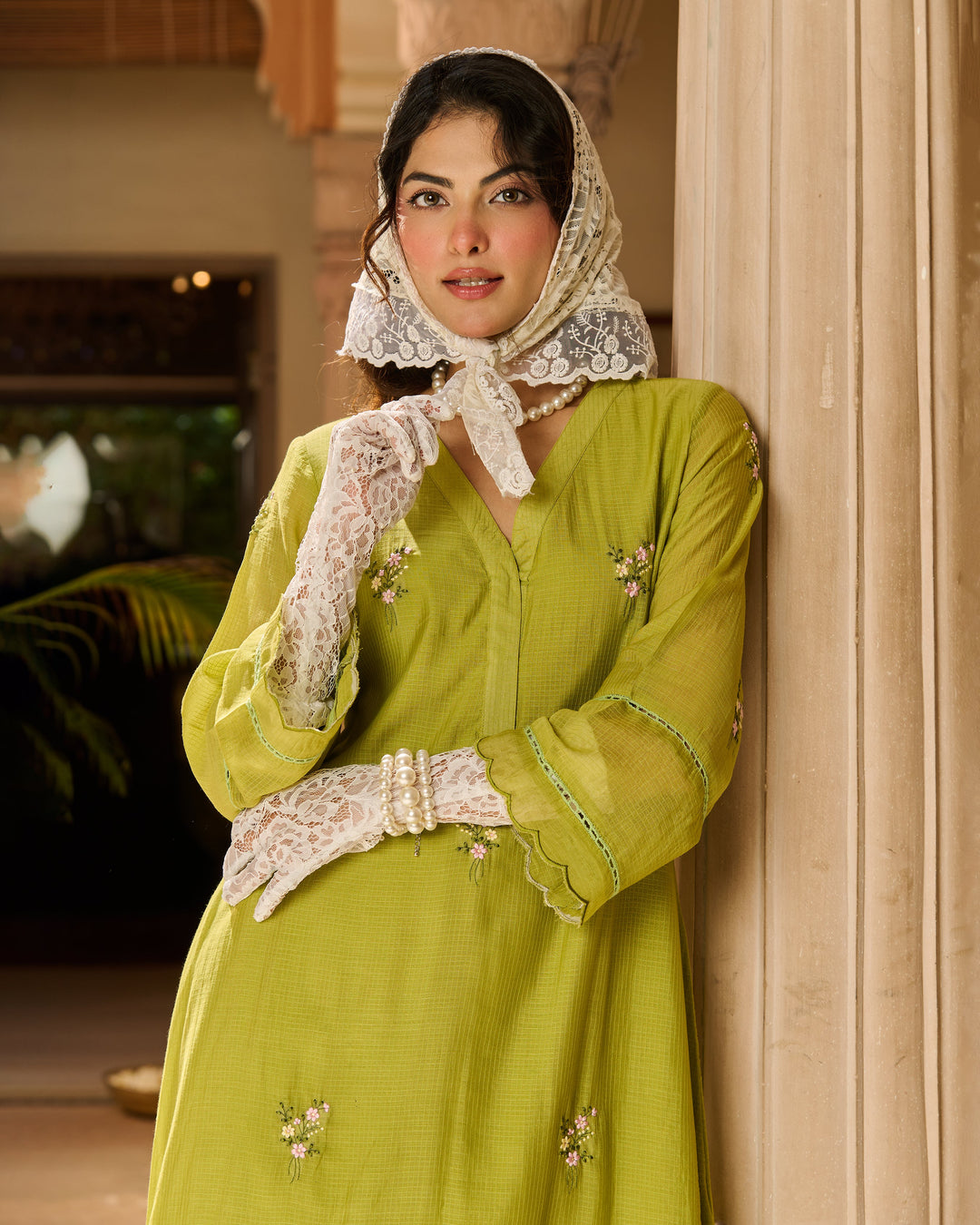 Nino Green Embroidered Cotton Checks Kurta Set