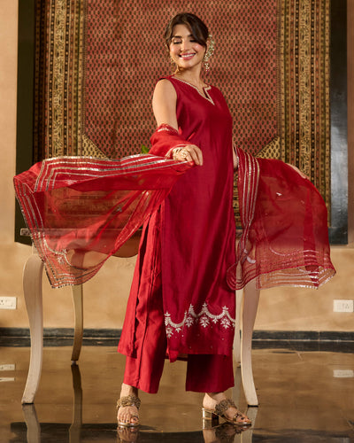 Jugni Maroon Solid Chanderi Suit Set