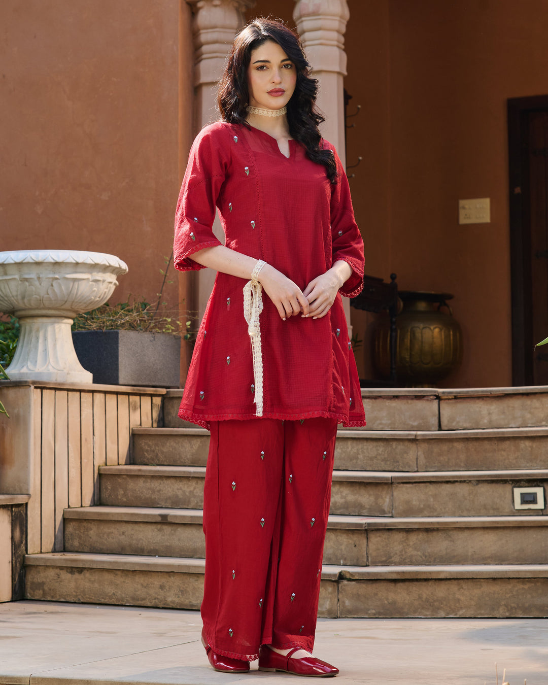 Sola Red Embroidered Doria Kurta Set