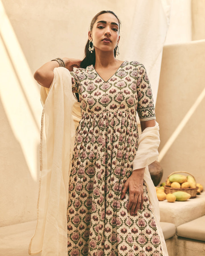 Zahana Beige Cotton Printed Suit Set