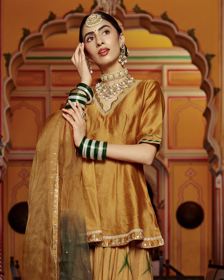 Anmol Mustard Embroidered Tie-Dye Chanderi Suit Set