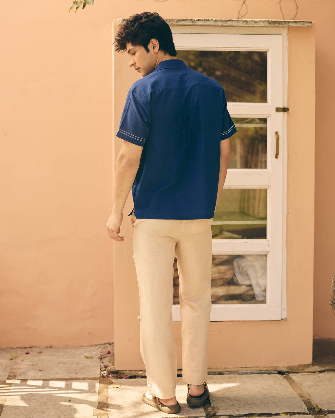 Davo Navy Cotton Flex Embroidered Shirt