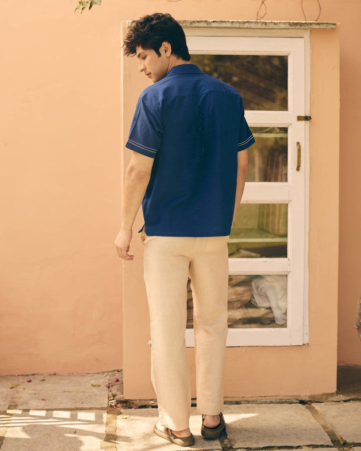 Davo Navy Cotton Flex Embroidered Shirt