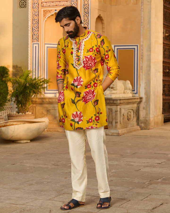 Arjun Mustard Printed Chanderi Kurta
