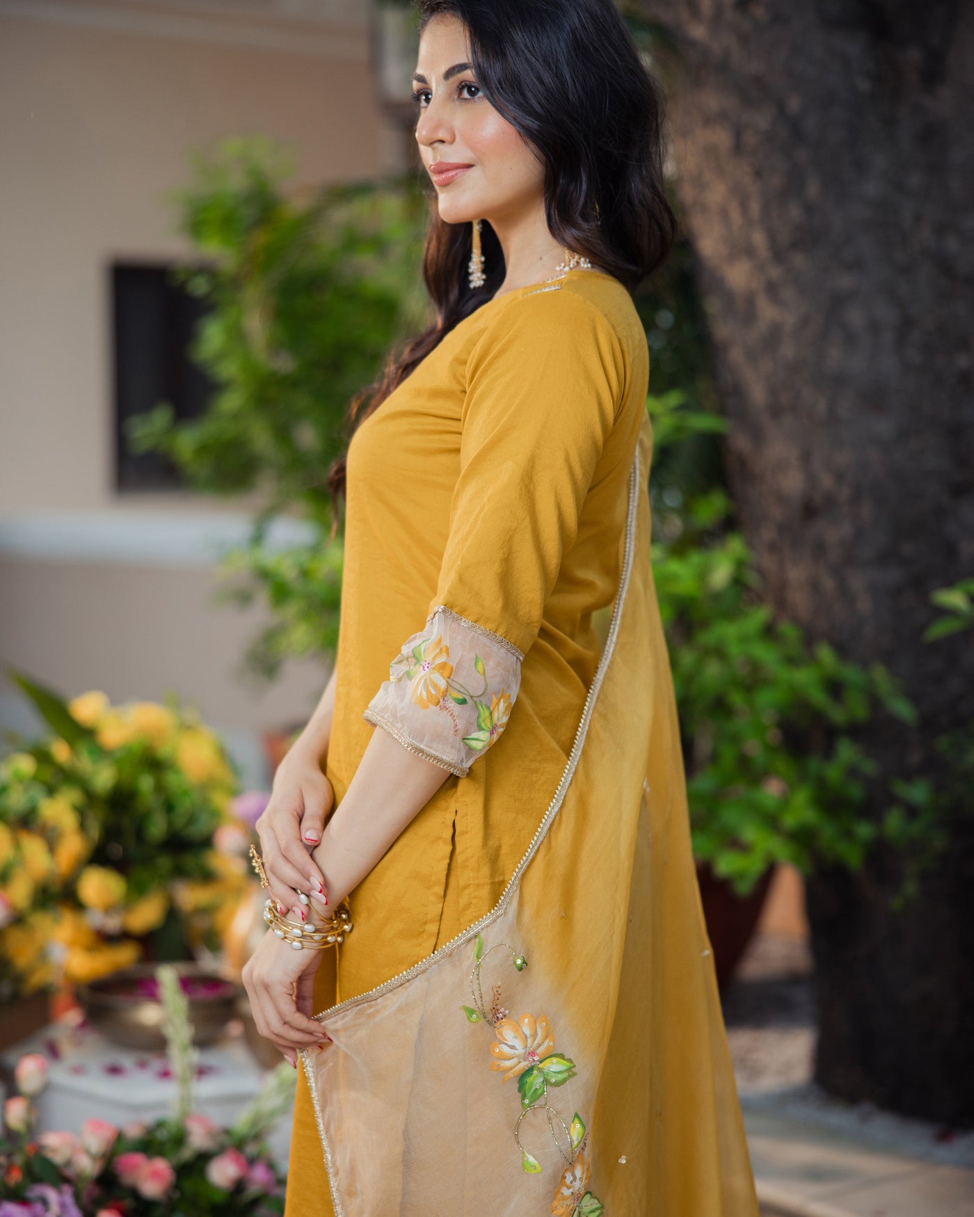 Kadamb Mustard Handpainted Chanderi Suit Set