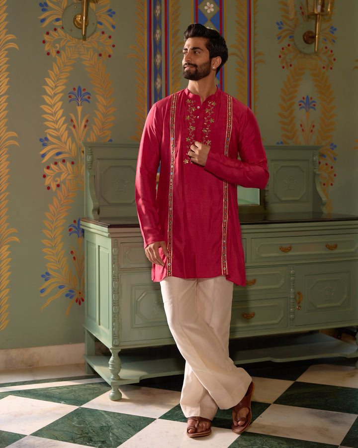 Devdas Pink Silk Embroidered Kurta