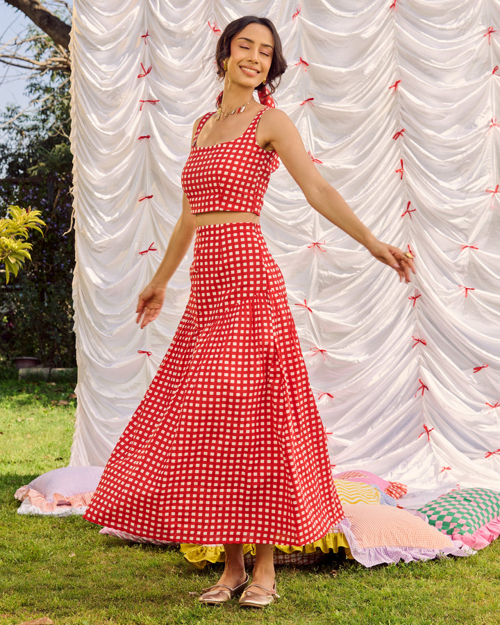 Unnati Red Cotton Checks Printed Coord Set