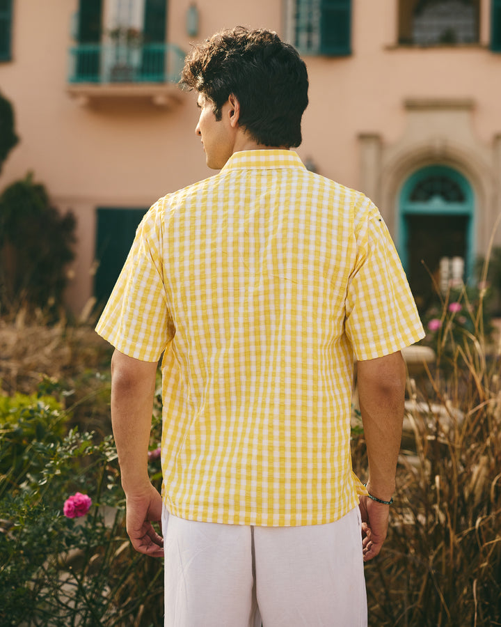 Zev Yellow Cotton Checks Printed Shirt