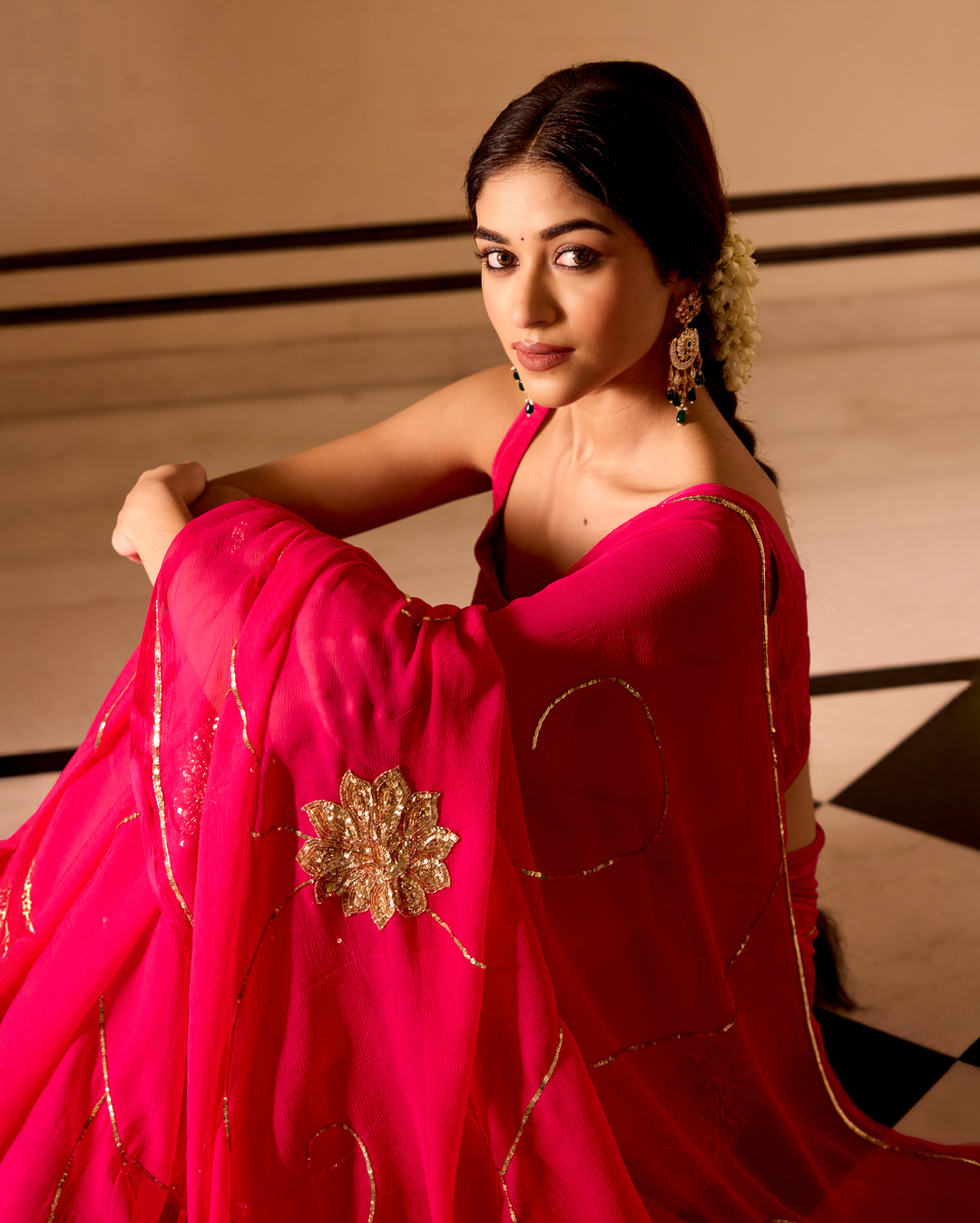 Lavanya Pink Handcrafted Chiffon Saree