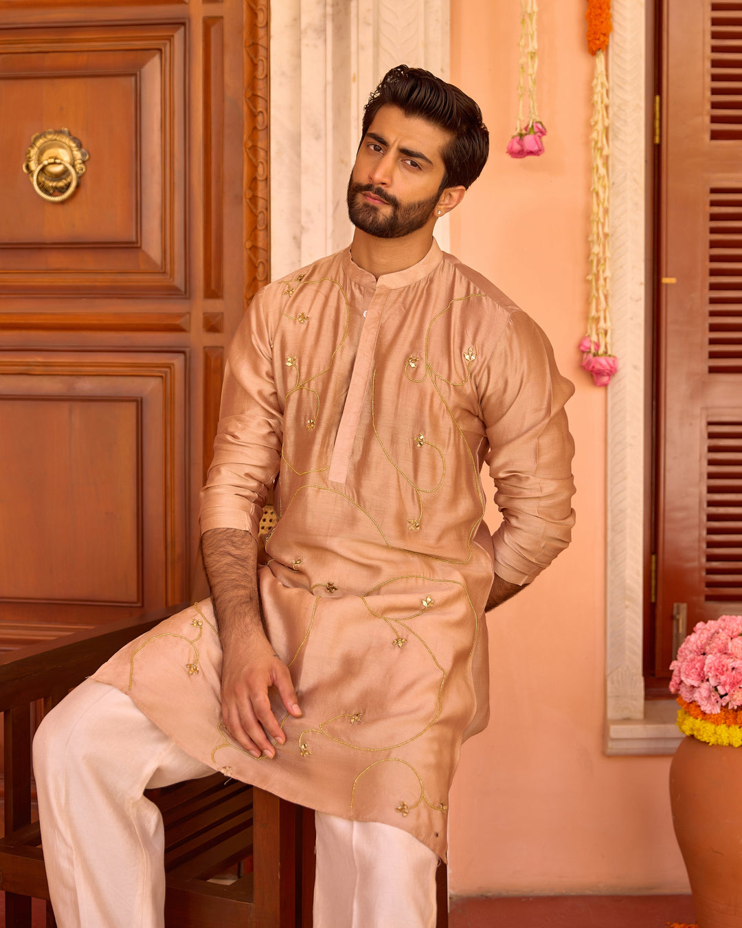 Damodar Brown Chanderi Embroidered Kurta