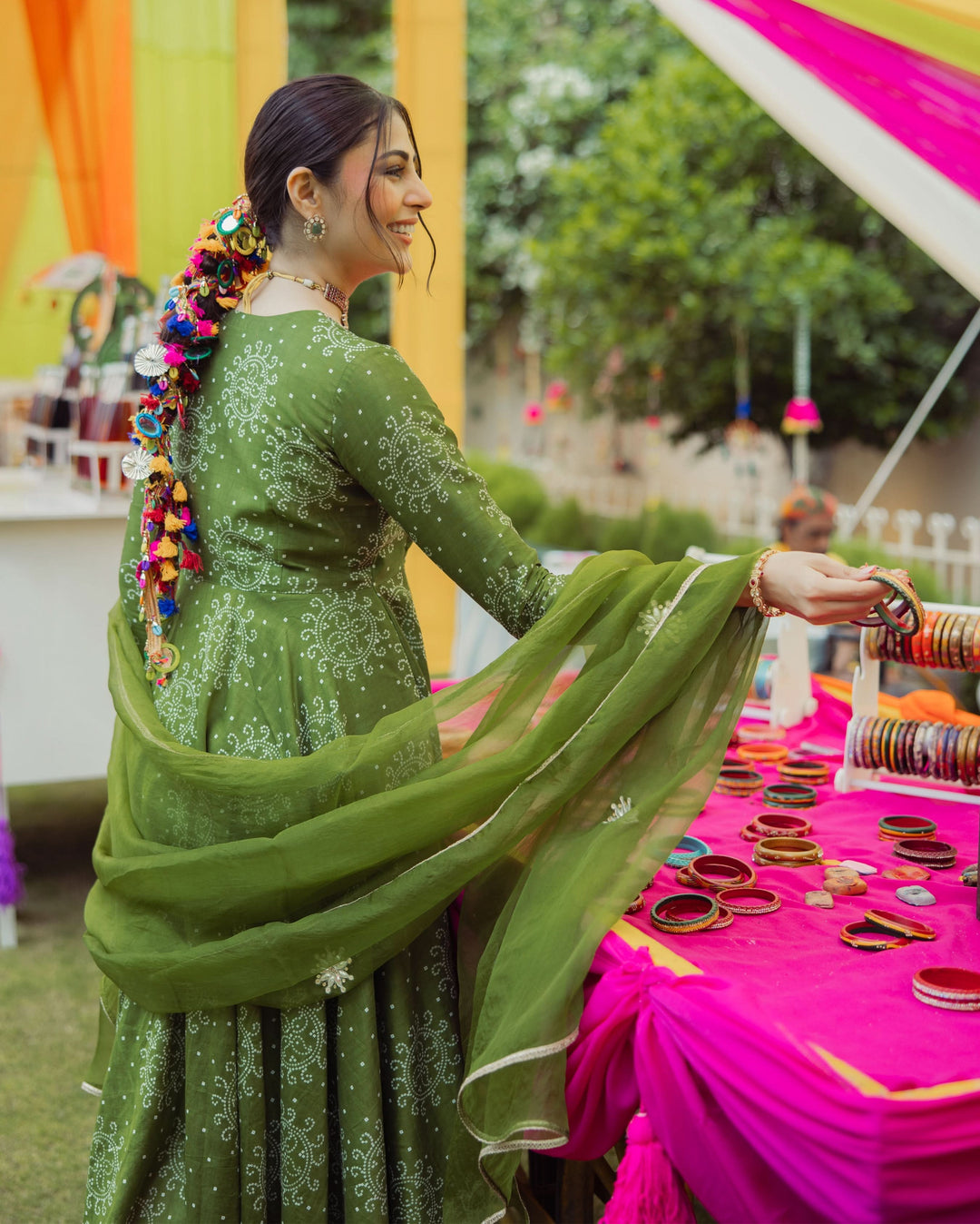 Katha Green Bandhani Chanderi Suit Set