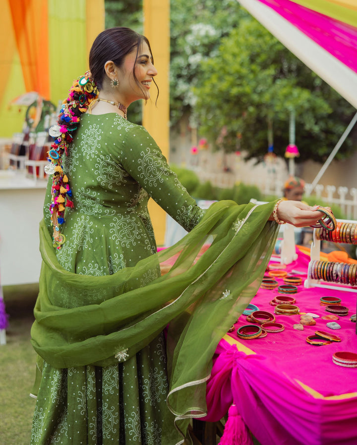 Katha Green Bandhani Chanderi Suit Set