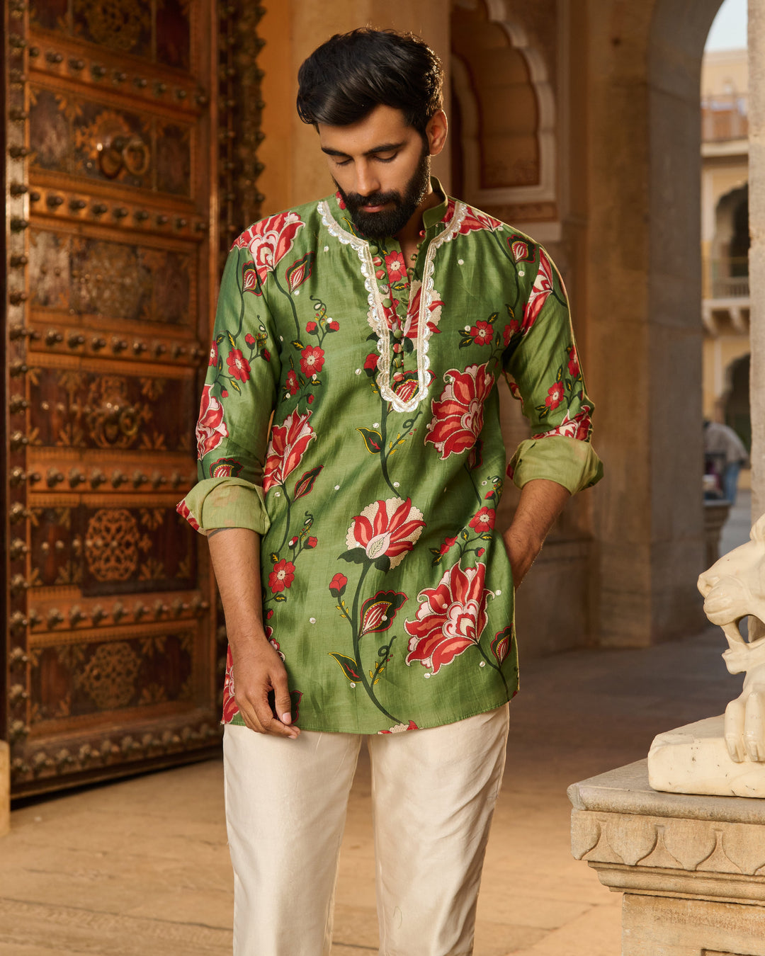Ishaan Olive Printed Chanderi Kurta
