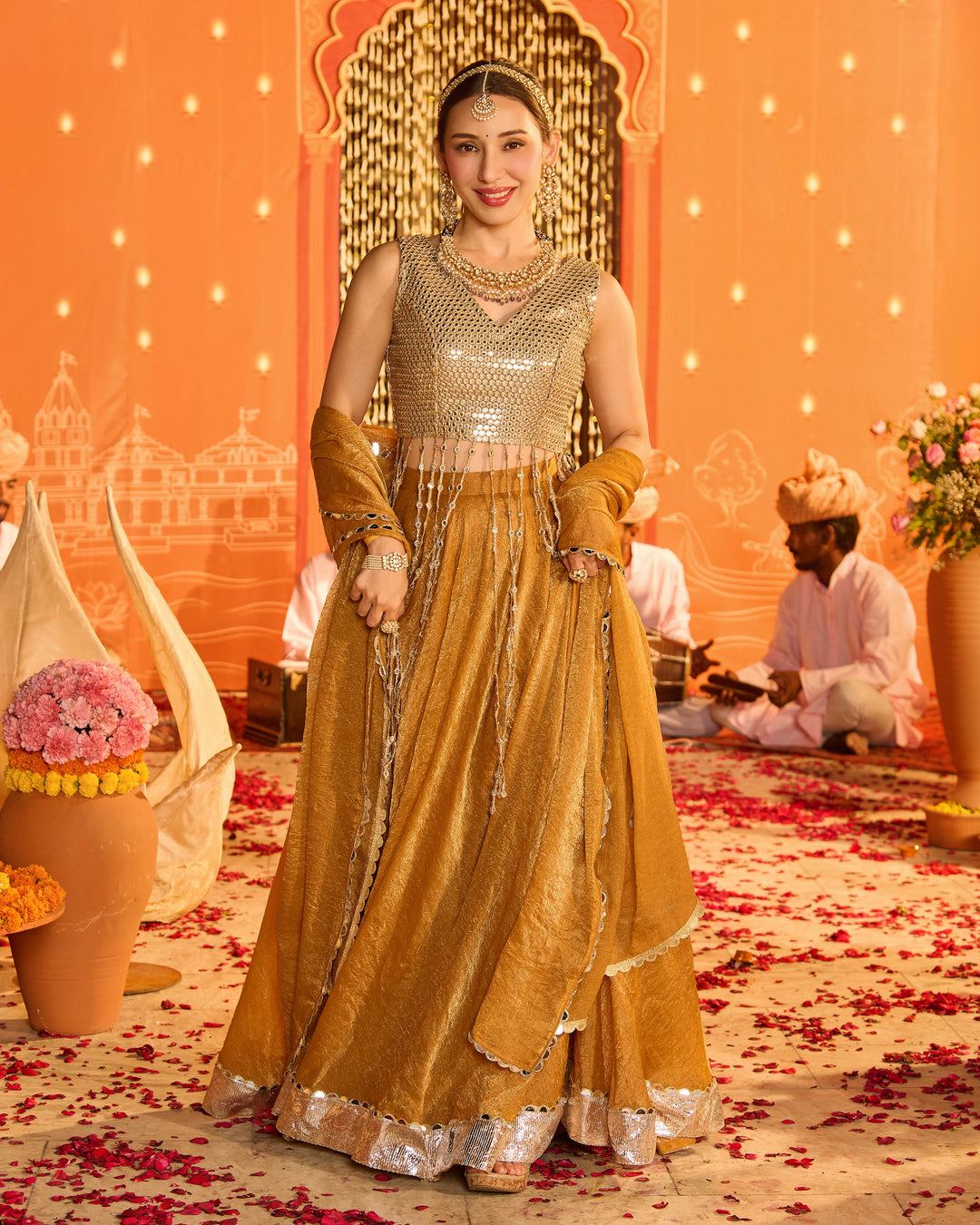 Vasudha Brownish Orange Tissue Lehenga Set