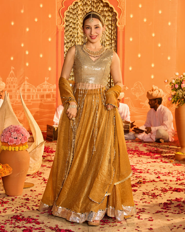 Vasudha Brownish Orange Tissue Lehenga Set