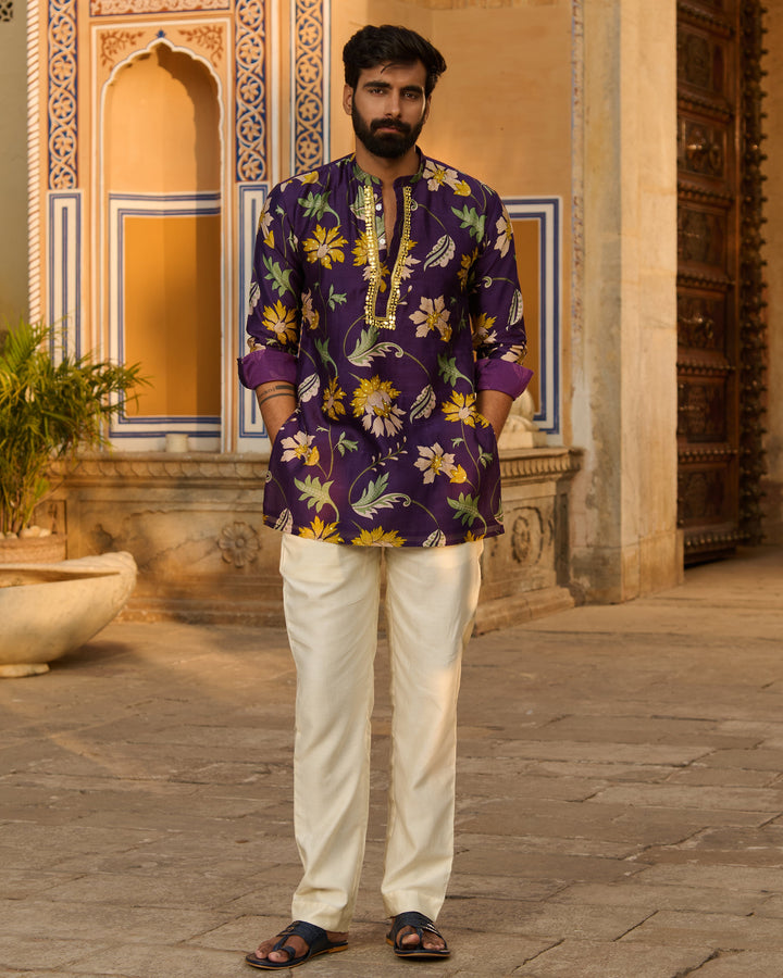 Yuvraj Purple Printed Chanderi Kurta