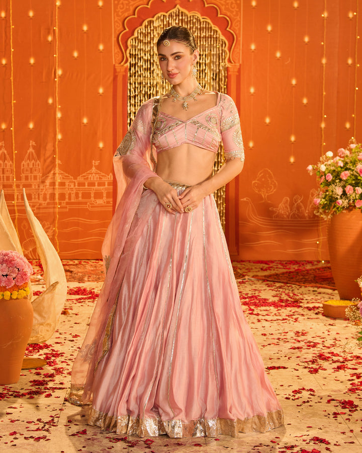 Tejal Baby Pink Embroidered Chanderi Aangi Lehenga Set