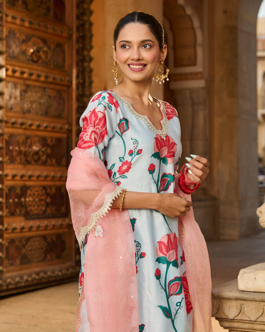 Saumya Light Blue Printed Chanderi Suit Set