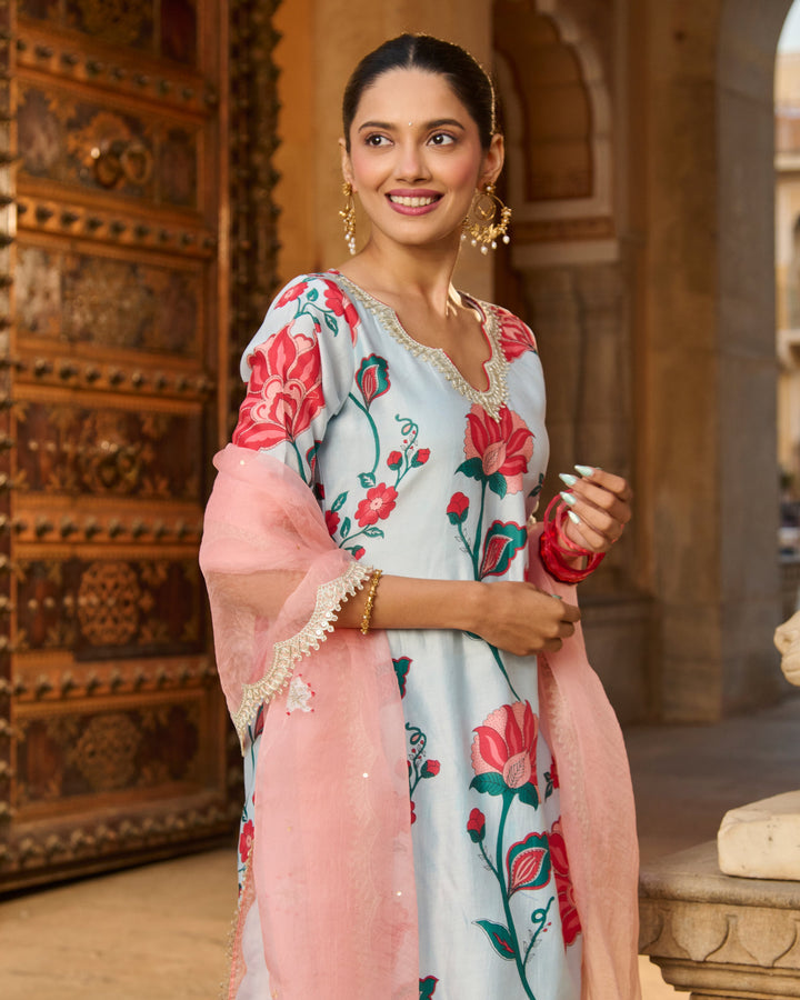 Saumya Light Blue Printed Chanderi Suit Set