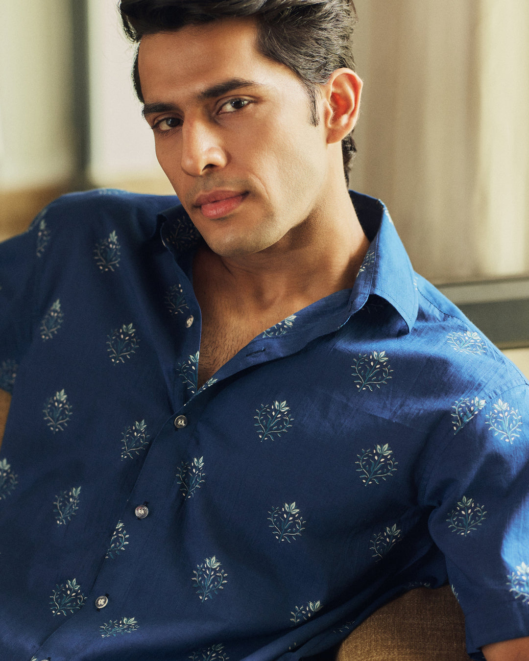Gulrez Navy Blue Printed Cotton Shirt