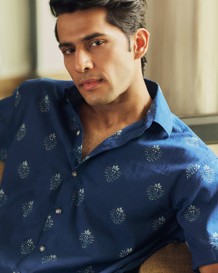 Gulrez Navy Blue Printed Cotton Shirt